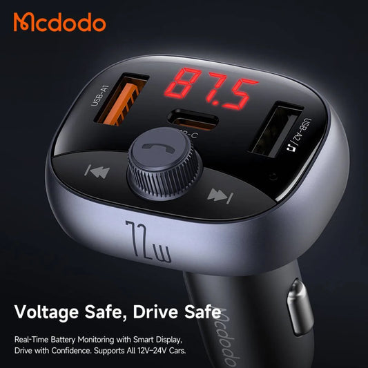 Mcdodo cargo 72w 3-port car charger with wireless radio fm transmitter -BLACK