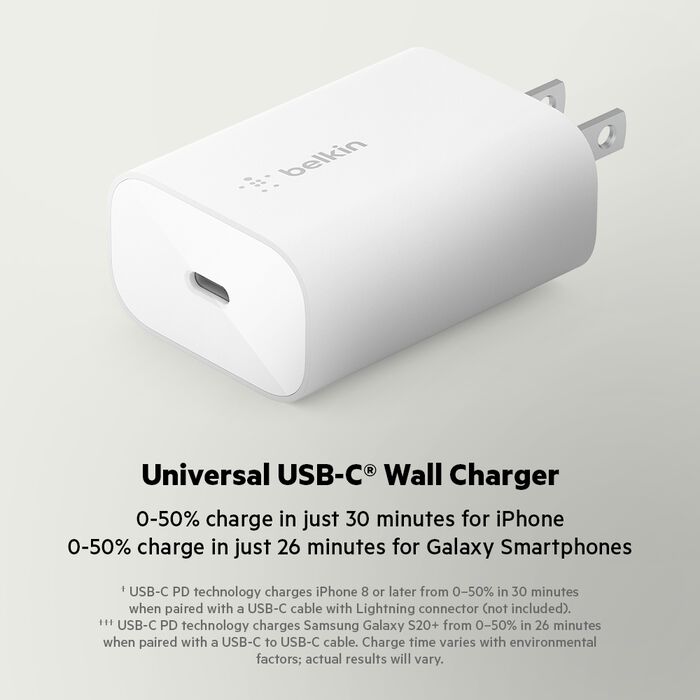 Belkin 25W USBC PD WALL CHARGER & 1M PVC C-C, WHT