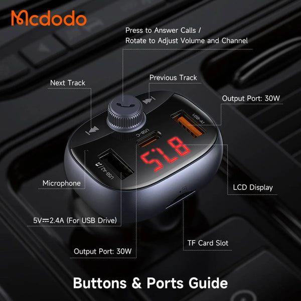 Mcdodo cargo 72w 3-port car charger with wireless radio fm transmitter -BLACK