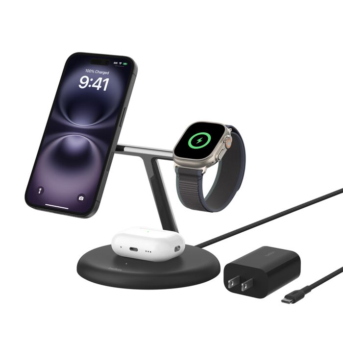 Belkin BoostCharge 3-in-1 Magnetic Charging Stand with Qi2 Fast Wireless Charging 15W, Black