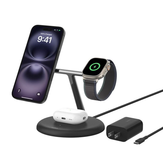 Belkin BoostCharge 3-in-1 Magnetic Charging Stand with Qi2 Fast Wireless Charging 15W, Black