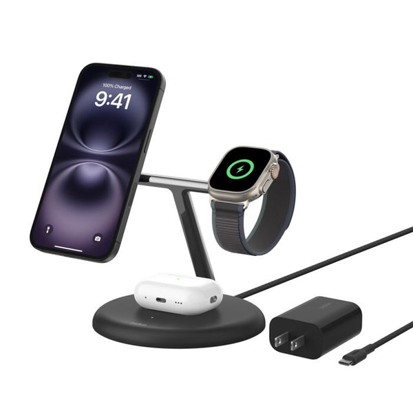 Belkin BoostCharge 3-in-1 Magnetic Charging Stand with Qi2 Fast Wireless Charging 15W, Black