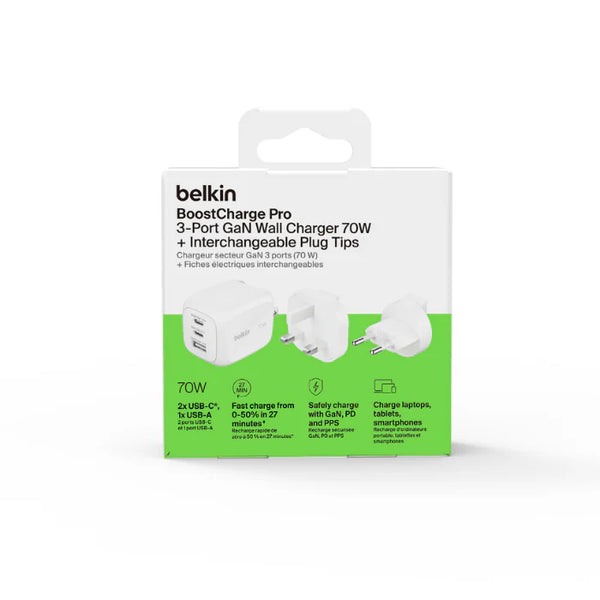 Belkin 70W 3PORT GAN Wall Charger with Interchangeable Plug Tips (US PLUG + UK&EU PLUG), White