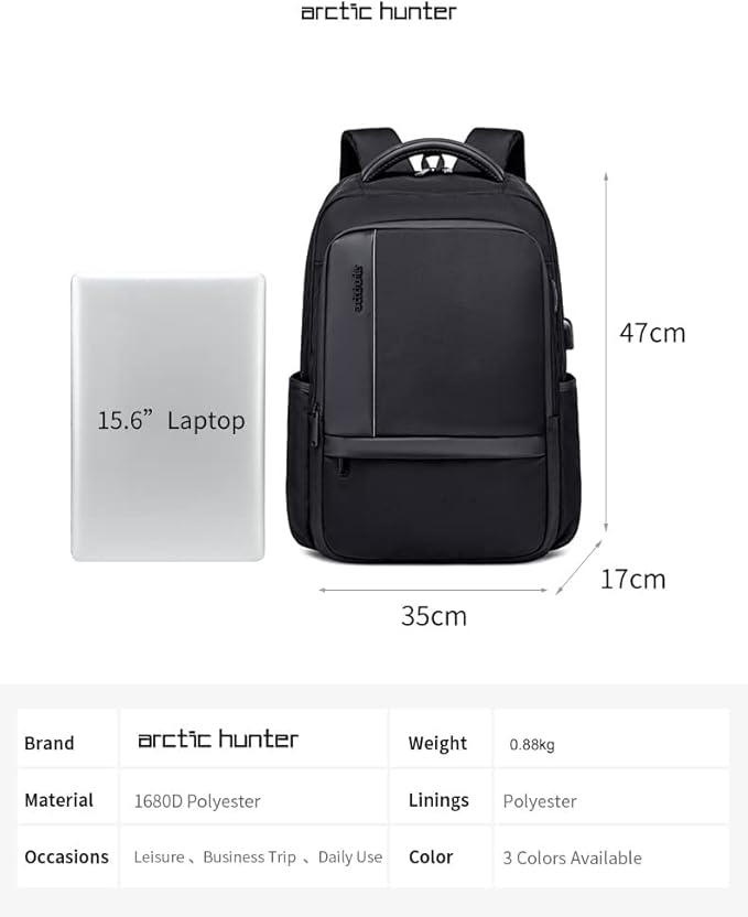 arctic hunter Backpack 15.6 Inch Laptop Bag Water-Resistant Slim Business Backpack for Office Travel School Smart Bag with USB Port