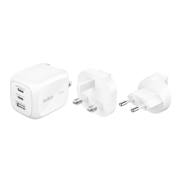 Belkin 70W 3PORT GAN Wall Charger with Interchangeable Plug Tips (US PLUG + UK&EU PLUG), White
