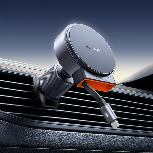 Mcdodo 15W Magnetic Wireless Car Charger with Retractable Cable - BLACK
