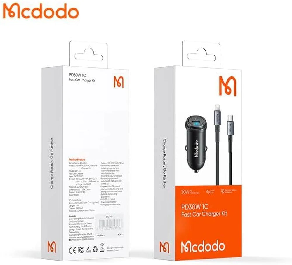 Mcdodo 30W PD Car Charger with C to C Cable Fast Charging - Black