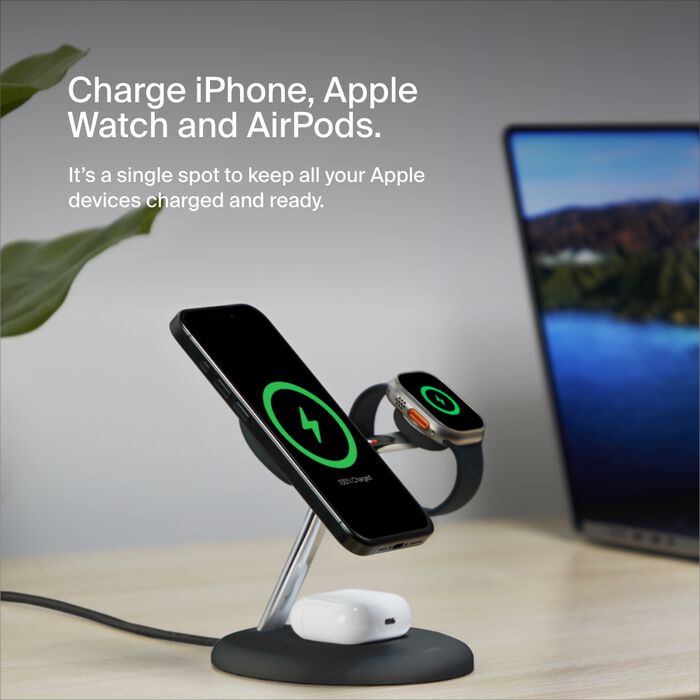 Belkin BoostCharge 3-in-1 Magnetic Charging Stand with Qi2 Fast Wireless Charging 15W, Black