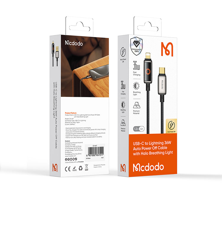 Mcdodo USB-C to lightning 36w auto power off cable with halo breathing light -BLACK