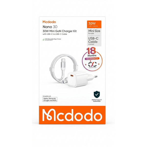 Mcdodo Nano 30 30W Mini GaN Fast Charging Kit with USB-C Cable -White