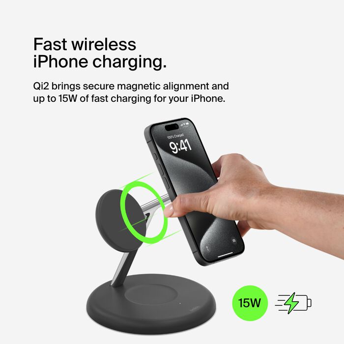 Belkin BoostCharge 3-in-1 Magnetic Charging Stand with Qi2 Fast Wireless Charging 15W, Black