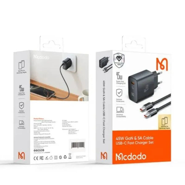 Mcdodo CH-508 45W GaN & 5A Cable (USB-C to USB-C) Fast Charger Set - BLACK