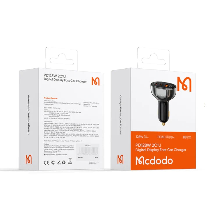 Mcdodo Charger 128W USB+ 2 Type-C Car Charger with Digital Display - Black